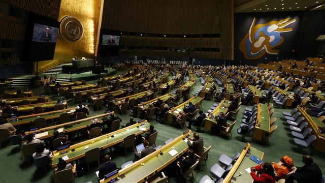 Der Hauptsitz der Vereinten Nationen in New York während einer Sitzung der UNO-Generalversammlung im September 2021. 