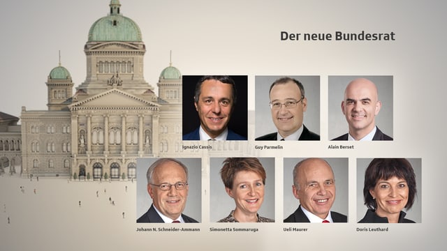 Köpfe aller Bundesratsmitglieder, dahinter Bundeshaus Köpfe aller Bundesratsmitglieder, dahinter Bundeshaus