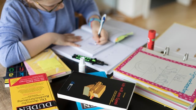 Schülerin lernt an einem Schreibtisch für die Aufnahme ins Gymnasium Schülerin lernt an einem Schreibtisch für die Aufnahme ins Gymnasium