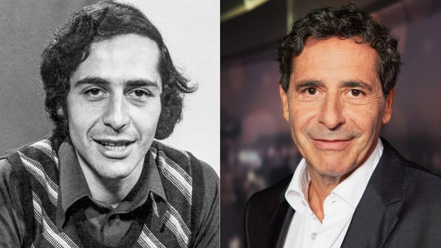 Zwei nebeneinander geschnittene Porträt-Bilder von Roger Schawinski. Links in schwarz-weiss aus den 70er Jahren. Rechts in Farbe aus dem Jahr 2014. Zwei nebeneinander geschnittene Porträt-Bilder von Roger Schawinski. Links in schwarz-weiss aus den 70er Jahren. Rechts in Farbe aus dem Jahr 2014.