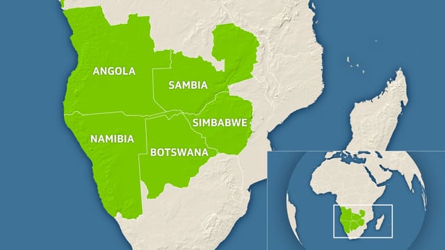 Eine Karte des südlichen Afrikas, mit Botswana, Sambia, Simbabwe, Namibia und Angola. Eine Karte des südlichen Afrikas, mit Botswana, Sambia, Simbabwe, Namibia und Angola.