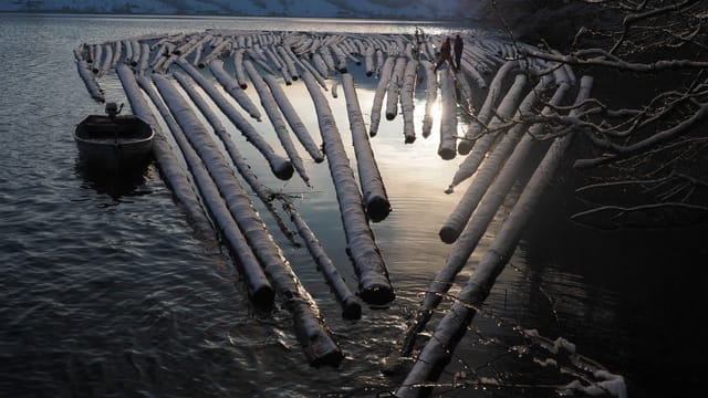 Das Floss aus Holzstämmen im Abendlicht Das Floss aus Holzstämmen im Abendlicht