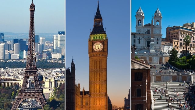 Bildcollage mit Wahrzeichen von Paris, London und Rom. Bildcollage mit Wahrzeichen von Paris, London und Rom.