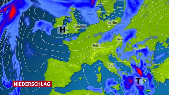 Eine Wetterkarte zeigt den Bodendruck über Europa und das Tief im Mittelmeer. Zusätzlich ist der starke Regen über Griechenland dargestellt. Eine Wetterkarte zeigt den Bodendruck über Europa und das Tief im Mittelmeer. Zusätzlich ist der starke Regen über Griechenland dargestellt.