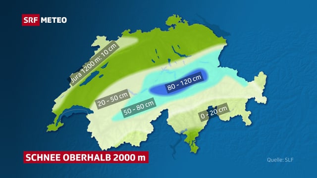 Karte der Schweiz. Flächig eingezeichnet die Schneehöhen auf 2000 Meter über Meer. Karte der Schweiz. Flächig eingezeichnet die Schneehöhen auf 2000 Meter über Meer.