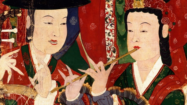 Zwei gemalte asiatische Personen. Die eine spielt Flöte, die andere spielt auf dem Huqin, der chinesischen Geige.