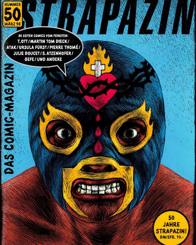 Druckbild eines grossen Kopfes, der eine blaue Maske trägt. Der affenähnliche Mensch flätscht die Zähne, auf die Stirn sind ein tropfemdes Herz und ein Kreuz in Flammen dargestellt. Druckbild eines grossen Kopfes, der eine blaue Maske trägt. Der affenähnliche Mensch flätscht die Zähne, auf die Stirn sind ein tropfemdes Herz und ein Kreuz in Flammen dargestellt.