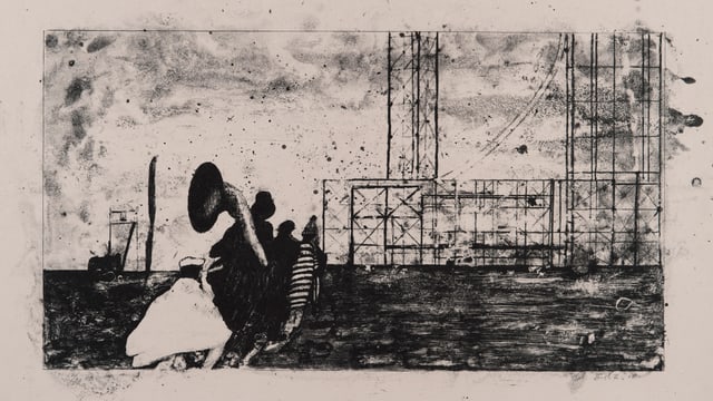 Lithografie zeigt eine Art metallisches Gerüst über bewegtem Wasser, im Vordergrunf eine Personengruppe mit Instrumenten. Lithografie zeigt eine Art metallisches Gerüst über bewegtem Wasser, im Vordergrunf eine Personengruppe mit Instrumenten.