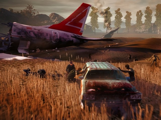 Zombies greifen ein Autowrack an. Zombies greifen ein Autowrack an.