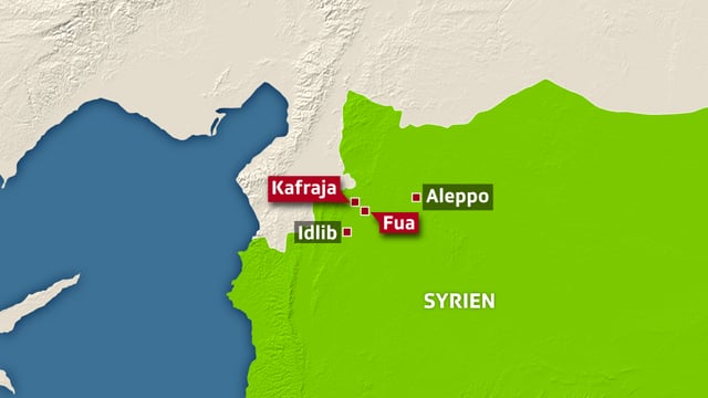 Karte von Syrien. Eingezeichnet sind Aleppo und die Schiitendörfern Fua und Kefraja. Karte von Syrien. Eingezeichnet sind Aleppo und die Schiitendörfern Fua und Kefraja.