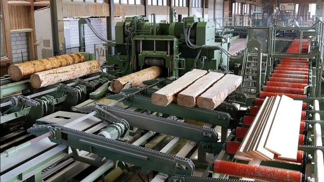Baumstämme werden zu Brettern verarbeitet. Baumstämme werden zu Brettern verarbeitet.