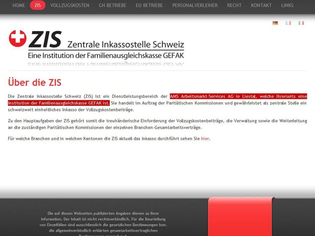 Auszug aus der Website der ZIS. Auszug aus der Website der ZIS.