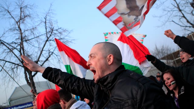Ungarische Fussballfans skandieren den Hitlergruss. Ungarische Fussballfans skandieren den Hitlergruss.