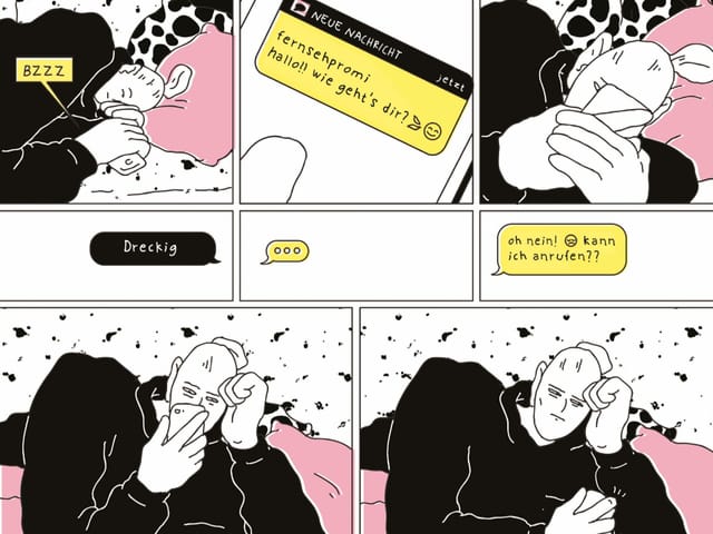Bilder aus einem Comic: Eine Frau liegt schlafend im Bett, ihr Handy Piepst. Nachrichten: "Wie geht's dir?" - "dreckig" - "Oh nein, kann ich dich anrufen?". dann macht die Frau das Handy aus. Bilder aus einem Comic: Eine Frau liegt schlafend im Bett, ihr Handy Piepst. Nachrichten: "Wie geht's dir?" - "dreckig" - "Oh nein, kann ich dich anrufen?". dann macht die Frau das Handy aus.