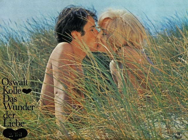 Ein Filmplakat zeigt zwei nackte Menschen, die sich im Gras küssen.