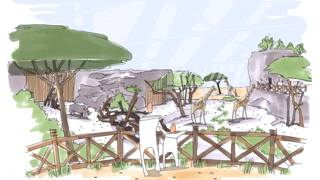 Visualisierung Giraffenhaus. Besucher sind auf Augenhöhe mit den Giraffen. Visualisierung Giraffenhaus. Besucher sind auf Augenhöhe mit den Giraffen.