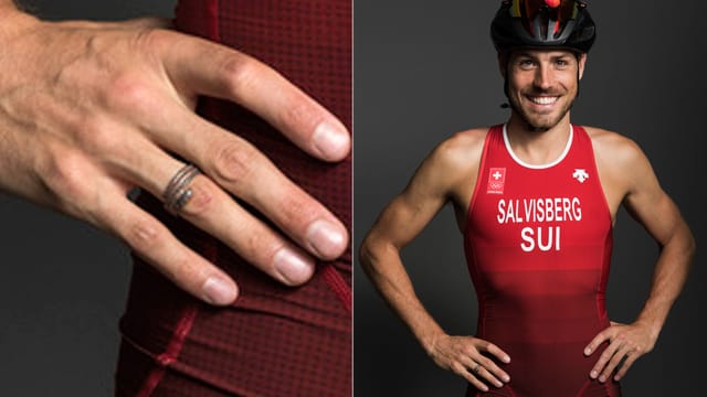 Grossaufnahme einer Hand mit einem Schlangenförmigen Fingerring am Ringfinger. Und eine Aufnahme von Andrea Salvisberg im roten Sportdress mit Velohelm. Grossaufnahme einer Hand mit einem Schlangenförmigen Fingerring am Ringfinger. Und eine Aufnahme von Andrea Salvisberg im roten Sportdress mit Velohelm.