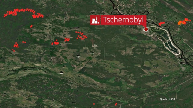 Aufnahme der Nasa der Region um Tschernobyl mit Markierung der Brände Aufnahme der Nasa der Region um Tschernobyl mit Markierung der Brände