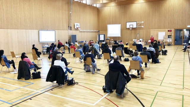 Helfer sitzen an breit verteilten Pulten Helfer sitzen an breit verteilten Pulten