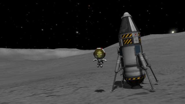 Valentina hüpft neben der gelandeten Rakete. Valentina hüpft neben der gelandeten Rakete.