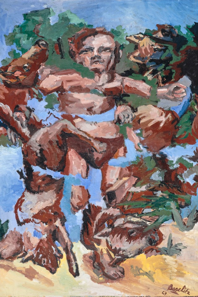Ein Gemälde von Baselitz. Es zeigt einen Mann, der in Stücke gerissen wurde. Ein Gemälde von Baselitz. Es zeigt einen Mann, der in Stücke gerissen wurde.