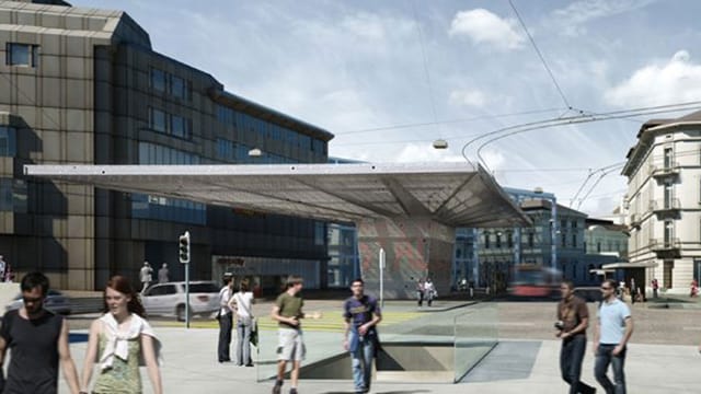 Visualisierung des Bahnhofplatzes Winterthur mit einem grossen Dach in Pilzform. Visualisierung des Bahnhofplatzes Winterthur mit einem grossen Dach in Pilzform.