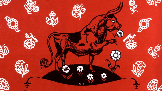 Das Bild zeigt Ferdinand auf dem Cover vom Buch Ferdinand, das 1936 erschien. Das Bild zeigt Ferdinand auf dem Cover vom Buch Ferdinand, das 1936 erschien.
