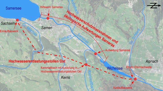 Übersichtskarte zum Hochwasserschutzprojekt im Obwaldner Sarneraatal. Übersichtskarte zum Hochwasserschutzprojekt im Obwaldner Sarneraatal.