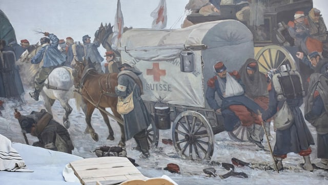 Gemälde-Ausschnitt mit Rotkreuz-Pferdegespann Gemälde-Ausschnitt mit Rotkreuz-Pferdegespann