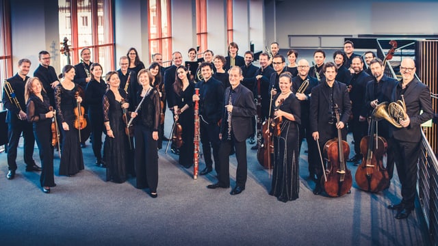 Das Kammerorchester – eine Gruppe von 35 Musikern und Musikerinnen – alle in schwarz gekleidet. Das Kammerorchester – eine Gruppe von 35 Musikern und Musikerinnen – alle in schwarz gekleidet.