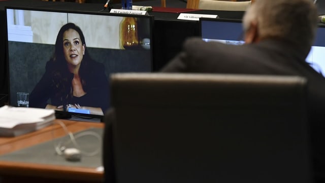 Frau auf Bildschirm in Regierungsgebäude Frau auf Bildschirm in Regierungsgebäude
