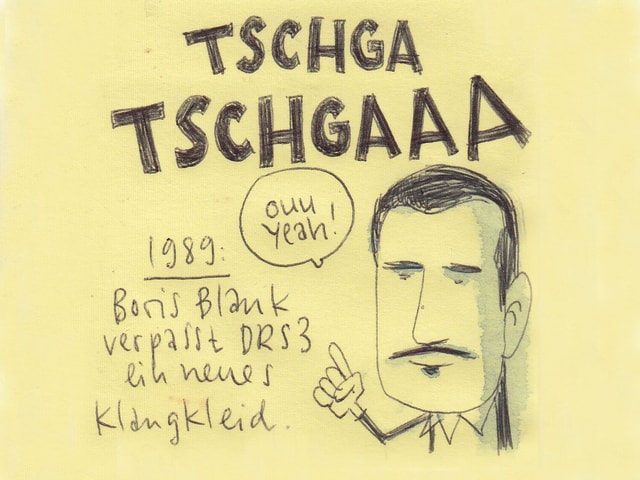 Ein gezeichneter Boris Blank hebt den Zeigefinger. In der Sprechblase heisst es: ouu, yeah!