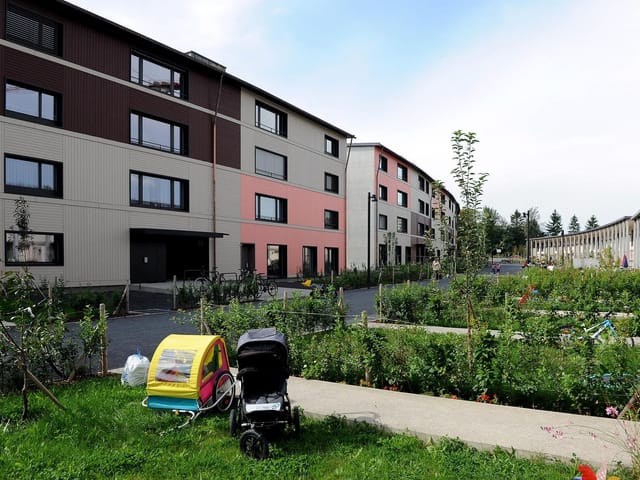 Siedlungshäusern mit rosa, braunen und weissen Fasaden. Im Vordergrund Gärten und ein kinderwagen. Siedlungshäusern mit rosa, braunen und weissen Fasaden. Im Vordergrund Gärten und ein kinderwagen.