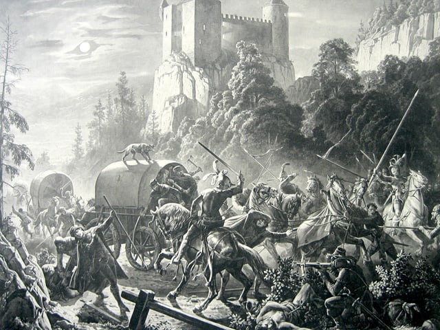 Gemälde. Ritter überfallen einen Planwagen. Gemälde. Ritter überfallen einen Planwagen.