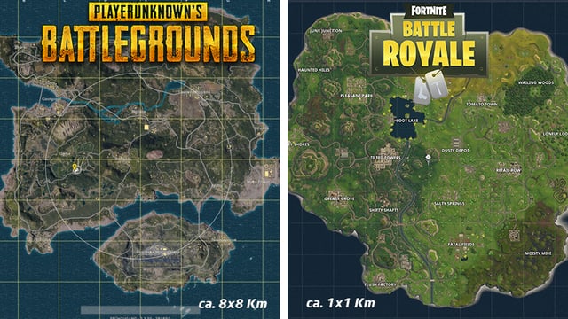 Die beiden Karten von PUBG und Fortnite im Vergleich. Die beiden Karten von PUBG und Fortnite im Vergleich.