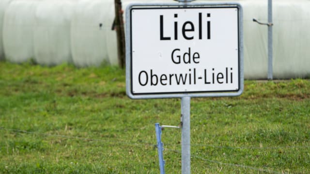 Ortsschild Lieli mit dem zusatz Gemeinde Oberwil-Lieli vor einer grünen Wiese. 