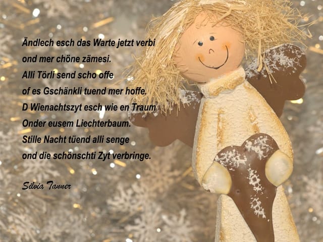 Ein Gedicht auf einem Bild mit einem lachenden Engel.