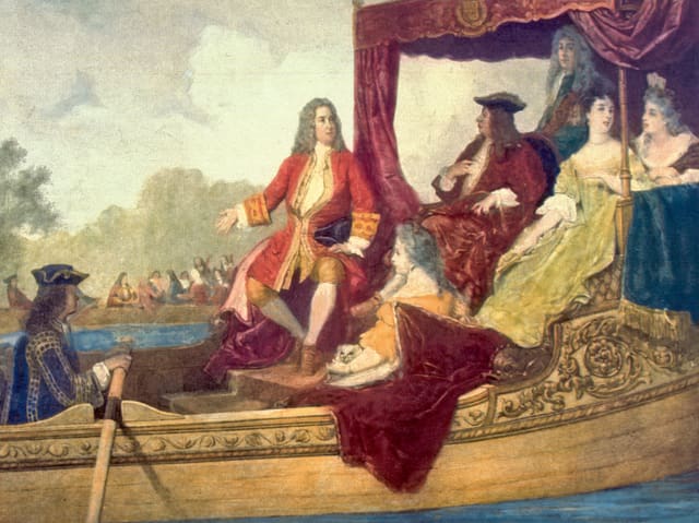Das Bild von Georg Friedrich Händel, wie er auf einem opulent geschmückten Boot neben König George I. sitzt. Das Bild von Georg Friedrich Händel, wie er auf einem opulent geschmückten Boot neben König George I. sitzt.