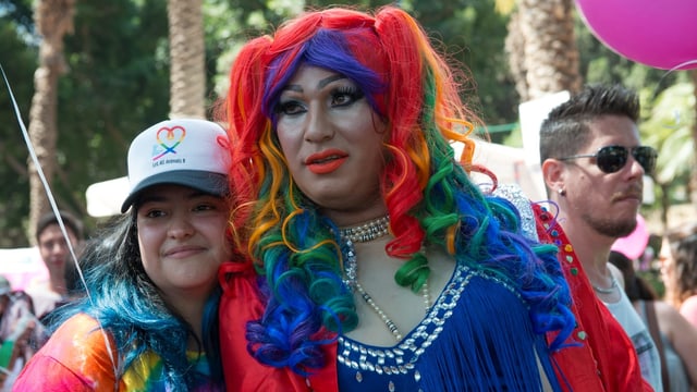 Ein Mann mit regenbogenfarbiger Langhaar-Perücke. Ein Mann mit regenbogenfarbiger Langhaar-Perücke.