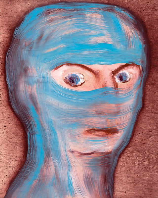 Porträt einer Frau, die aussieht, als trage sie einen blauen Schleier. Porträt einer Frau, die aussieht, als trage sie einen blauen Schleier.