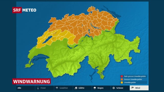 Schweizer Karte mit Windwarnungen. Schweizer Karte mit Windwarnungen.