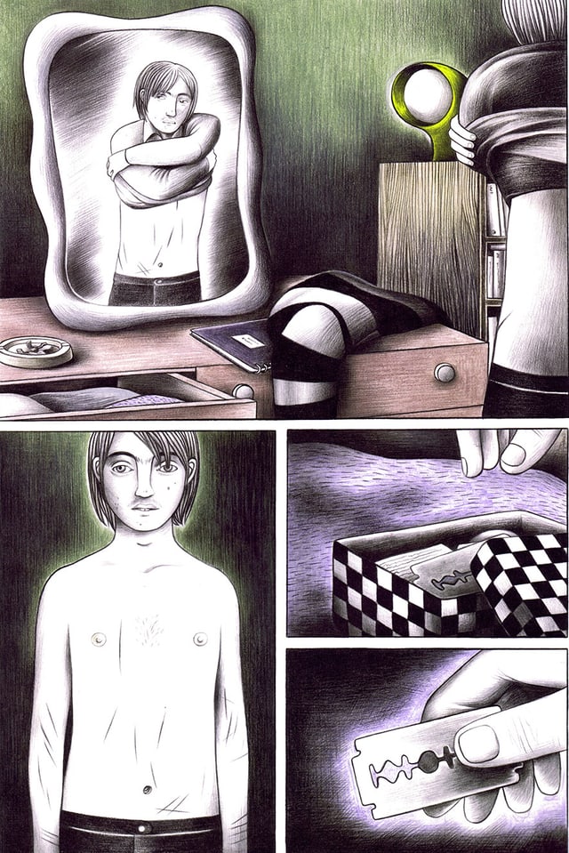 Comicseite mit vier Bildern, junger Mann, nackter Oberkörper greift in eine Schachtel mit einer Rasierklinge. Comicseite mit vier Bildern, junger Mann, nackter Oberkörper greift in eine Schachtel mit einer Rasierklinge.