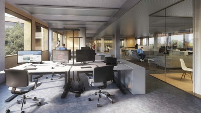 Blick in ein Büro mit verschiedenen Arbeitsplätzen (Visualisierung) Blick in ein Büro mit verschiedenen Arbeitsplätzen (Visualisierung)