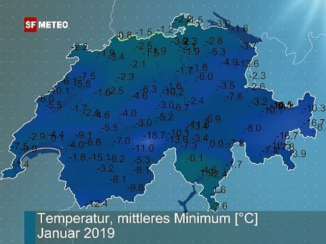 Schweizkarte mit Mittelwerten der Temperatur für Januar 2019. Schweizkarte mit Mittelwerten der Temperatur für Januar 2019.