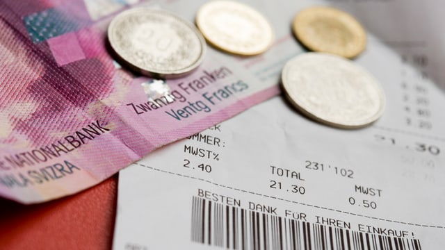 Kassenzettel, darauf liegen ein paar Münzen sowie eine Zwanzigernote. Kassenzettel, darauf liegen ein paar Münzen sowie eine Zwanzigernote.