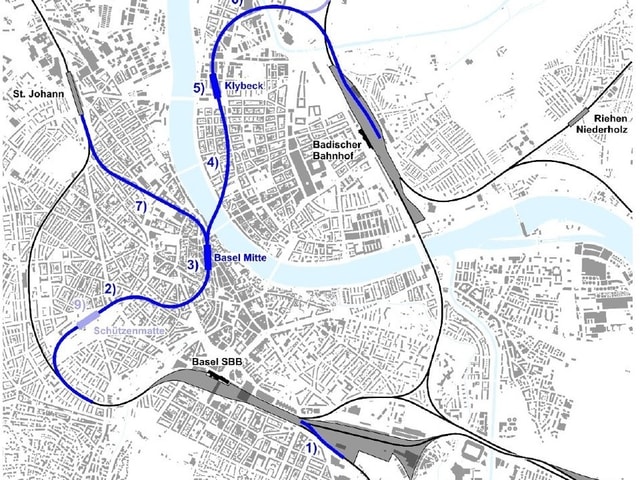 Ein Basler Stadtplan, die Linienführung des Herzstückes ist blau markiert. Ein Basler Stadtplan, die Linienführung des Herzstückes ist blau markiert.
