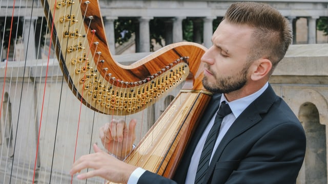 Ein junger Mann spielt Harfe. Ein junger Mann spielt Harfe.