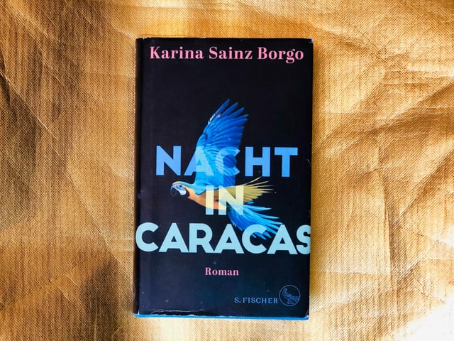 Der Roman , «Nacht in Caracas» von Karina Sainz Borgo vor goldigem Hintergrund Der Roman , «Nacht in Caracas» von Karina Sainz Borgo vor goldigem Hintergrund