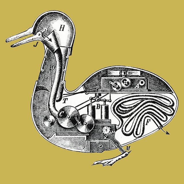 Querschnitt zeigt das mechanische Innenleben einer künstlichen Ente. Querschnitt zeigt das mechanische Innenleben einer künstlichen Ente.