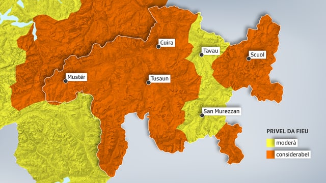 Carta actuala davart il privel d'incendis da guaud en il Grischun. Carta actuala davart il privel d'incendis da guaud en il Grischun.